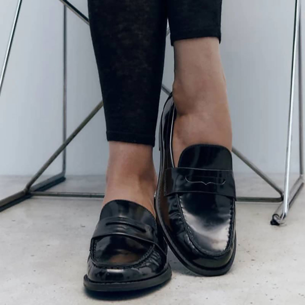 کفش لوفر زنانه زارا مشکی براق | Faux Patent Leather Penny Loafers